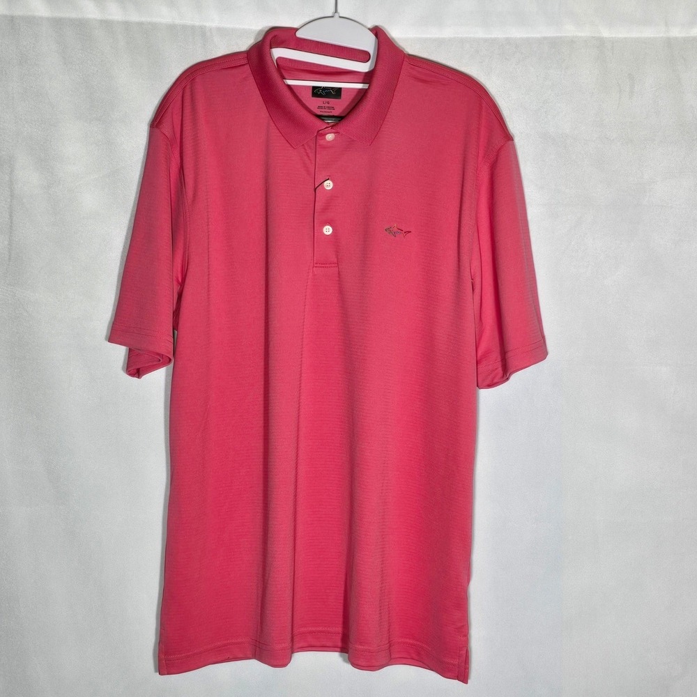 Greg Norman Mens L Play Dry Performance Polo Shirt Pink Short Sleeve Shark UPF